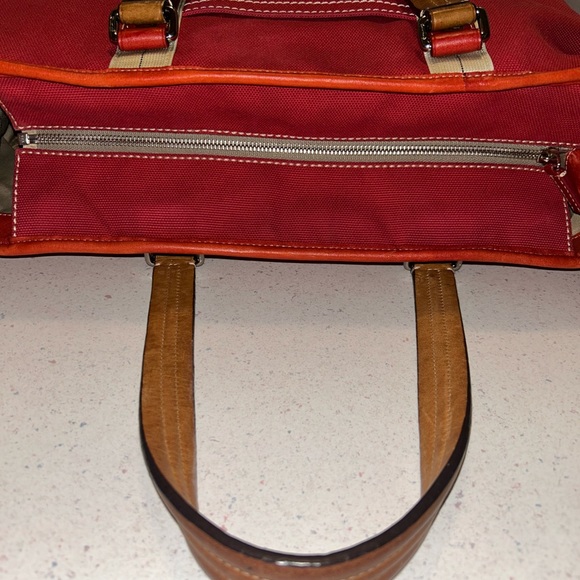 Coach Red Canvas Tote Bag with Red and Tan Leather Trim - Picture 12 of 14